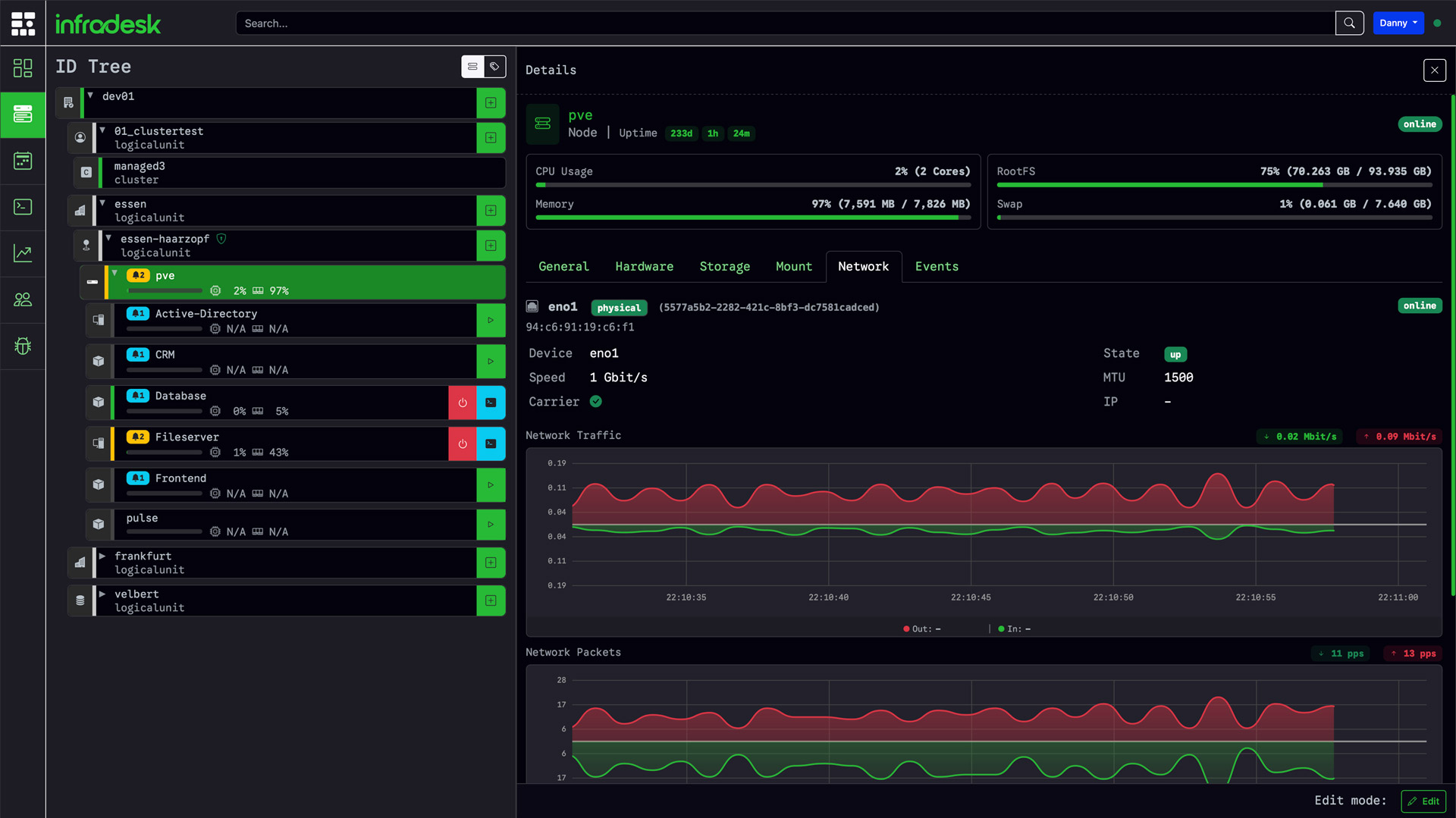 Screenshot der Infradesk Benutzeroberfläche infracontrol für PVE Umgebungen